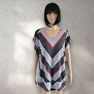 Striped Gray and Red Women's Top, With Ruffle Sleeve,  Size XL